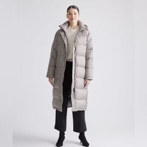 Quince Responsible Down Long Puffer Hooded Jacket in Stone Taupe